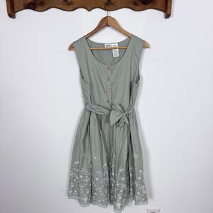 VTG 90's Olive Floral Embroidered Swing Dress Garden Party coquette Tie Waist